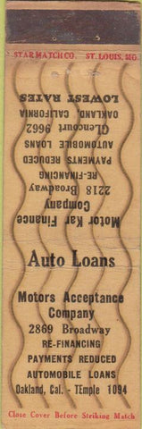 Matchbook Cover - Car Loans Oakland CA Star Match