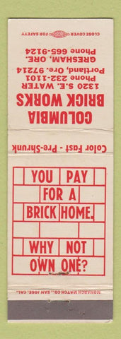 Matchbook Cover - Columbia Brick Works Gresham Portland OR