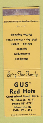 Matchbook Cover - Gus' Red Hots Hot Dogs hamburgers Plattsburg NY