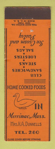 Matchbook Cover - Duck In Merrimac MA low phone # WEAR
