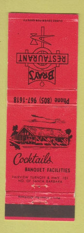 Matchbook Cover - Bray's Restaurant Santa Barbara CA