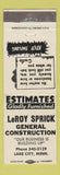 Matchbook Cover - LeRoy Sprick General Construction Lake City MN