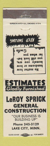 Matchbook Cover - LeRoy Sprick General Construction Lake City MN