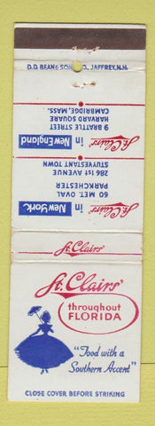 Matchbook Cover - St Clairs Cambridge MA Miami FL Pompano Beach Fort Lauderdale
