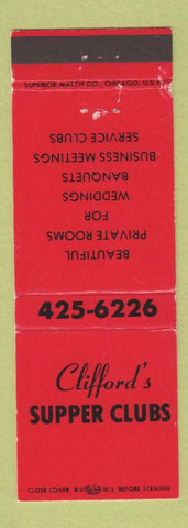 Matchbook Cover - Clifford's Supper Clubs Muskego Oak Creek Lake Beulah WI