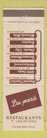 Matchbook Cover - Du-par's Restaurants Hollywood Studio City Encino CA