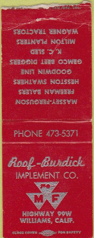 Matchbook Cover - Roof Burdick Massey Furguson Tractors Williams CA BOBTAIL