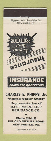 Matchbook Cover - Charles Phipps Insurance New Castle PA