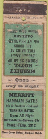 Matchbook Cover - Merritt Hammam Baths Oakland CA Star POOR