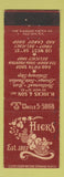 Matchbook Cover - Hick's Restaurant New York City