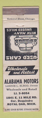 Matchbook Cover - Alabama Motors Royal Oak MI used cars WEAR