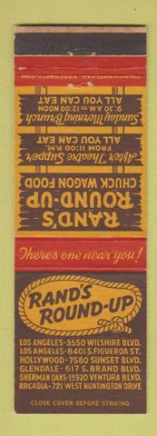 Matchbook Cover - Rand's Round Up Los Angeles Hollywood Glendale Arcadia CA
