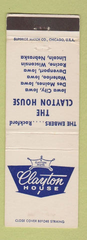 Matchbook Cover - Clayton House Rockford IL Racine WI Lincoln NE Des Moines IA