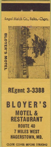 Matchbook Cover - Bloyer's Motel Hagerstown MD Regal Match