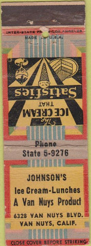 Matchbook Cover - Johnson's Ice Cream Van Nuys CA POOR