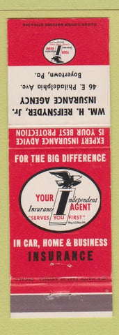 Matchbook Cover - Wm Reifsnyer Insurance Boyertown PA