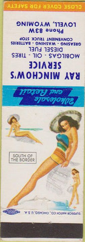 Matchbook Cover - Ray Minchow's Service Lovell WY pinup Mobil oil gas