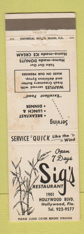 Matchbook Cover - Sig's Restaurant Hollywood FL WORN