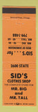 Matchbook Cover - Sid's Clothes Shop Big and Tall