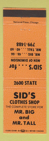 Matchbook Cover - Sid's Clothes Shop Big and Tall