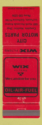 Matchbook Cover - Wix Filters City Motor Parts LA Puente CA