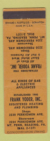 Matchbook Cover - Frank Yoder Heating Plumbing Mt Penn Reading PA