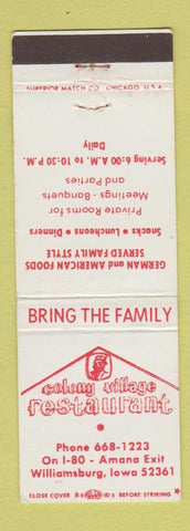 Matchbook Cover - Colony Village Restaurant Williamsburg IA