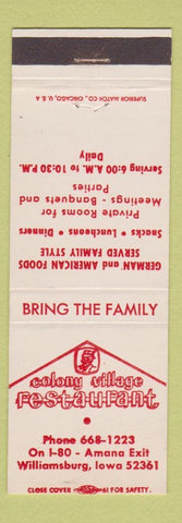 Matchbook Cover - Colony Village Restaurant Williamsburg IA
