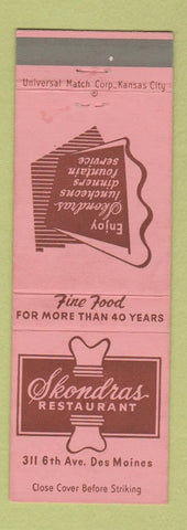 Matchbook Cover - Skondras Restaurant Des Moines IA WEAR