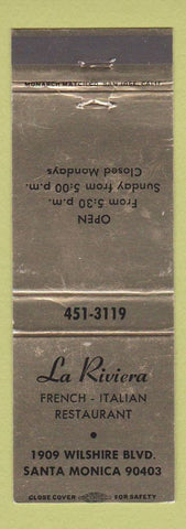 Matchbook Cover - La Riviera Italian French Restaurant Santa Monica CA
