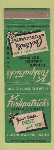 Matchbook Cover - Kirkpatrick's Boulevard Coeur D'Alene ID WORN