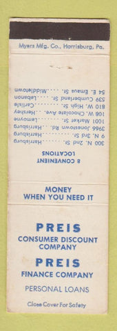 Matchbook Cover - Preis Finance Harrisburg Lemoyne Hershey Carlisle PA WORN