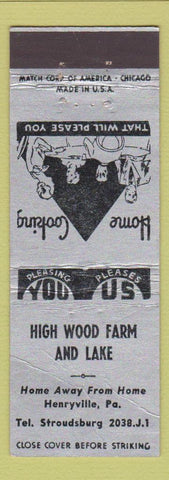 Matchbook Cover - High Wood Farm and Lake Henryville PA WORN