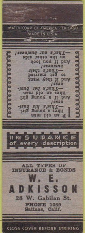 Matchbook Cover - WE Adkisson Salinas CA