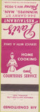 Matchbook Cover - Paris Restaurant Winnipeg Manitoba girlie