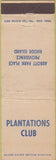 Matchbook Cover - Plantations Club Providence RI
