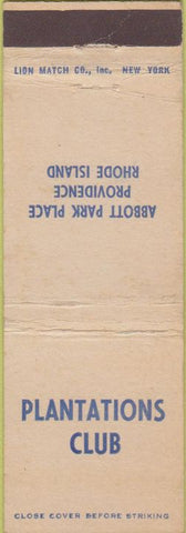 Matchbook Cover - Plantations Club Providence RI