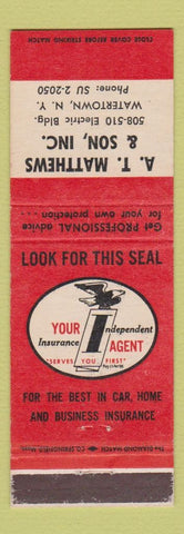 Matchbook Cover - AT Matthews & Son Insurance Watertown NY