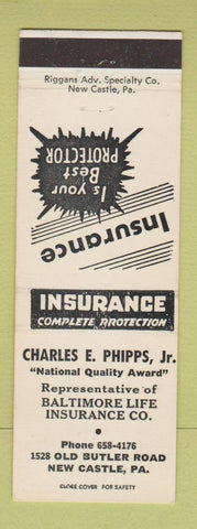 Matchbook Cover - Charles Phipps Insurance Baltimore Life New Castle PA