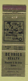 Matchbook Cover - De Vries Real Estate Monaca PA WEAR