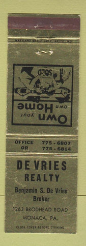 Matchbook Cover - De Vries Real Estate Monaca PA WEAR