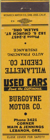 Matchbook Cover - Burgoyne Motor Co Lebanon OR Salem