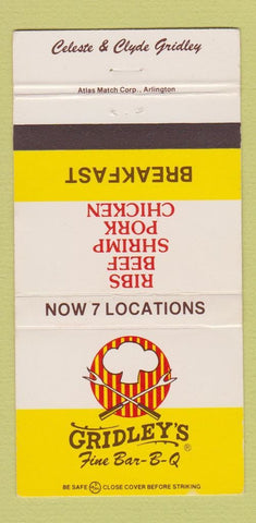 Matchbook Cover - Gridley's BBQ Memphis Jackson TN Duluth GA  30 Strike