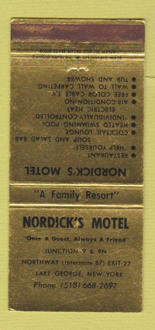 Matchbook Cover - Nordick's Motel Lake George NY WORN 30 Strike