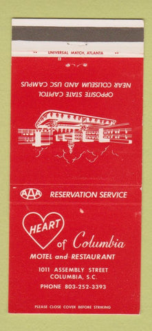 Matchbook Cover - Heart of Columbia Motel Columbia SC 30 Strike