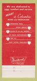 Matchbook Cover - Heart of Columbia Motel Columbia SC 30 Strike