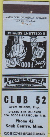 Matchbook Cover - Club 52 Sauk Centre MN BBQ