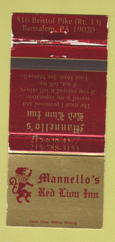 Matchbook Cover - Mannello's Red Lion Inn Bensalem PA WORN 30 Strike