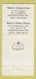 Matchbook Cover - Sheraton Inn Nick's Airport Inn Hagerstown MD 30 Strike
