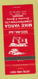 Matchbook Cover - Mike Varga Construction Excavating Paris ON 30 Strike